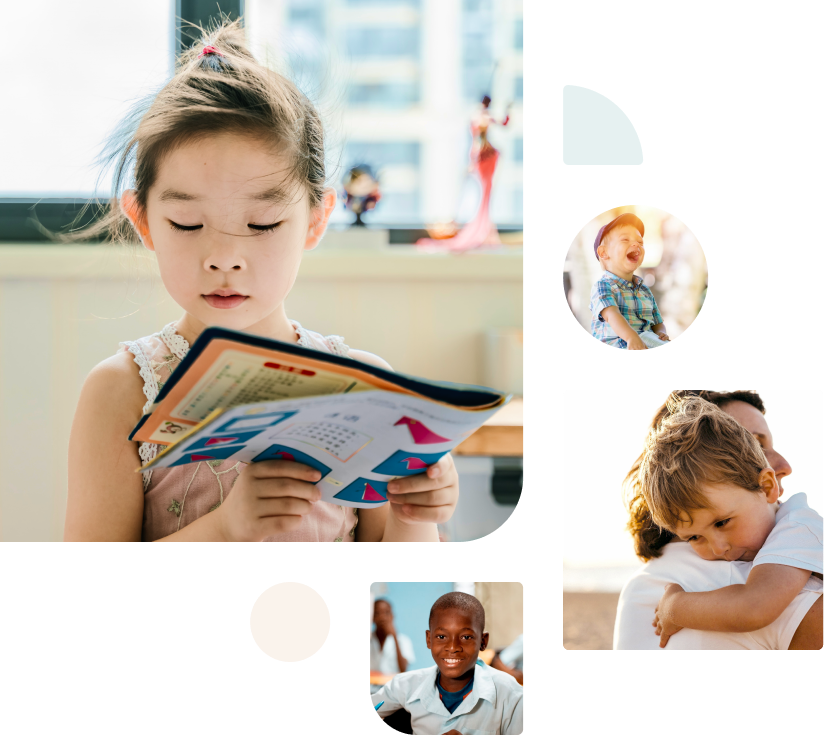 دختری که کتاب می‌خواند، کودکی در آغوش مادر، کودکی با کلاه خندان و پسری خوشحال در کلاس درس