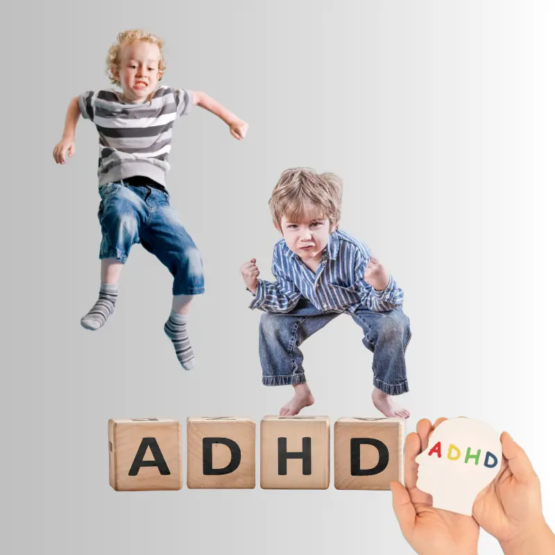 دو کودک بیش‌فعال در حال شیطنت و بازی، همراه با نوشته ADHD
