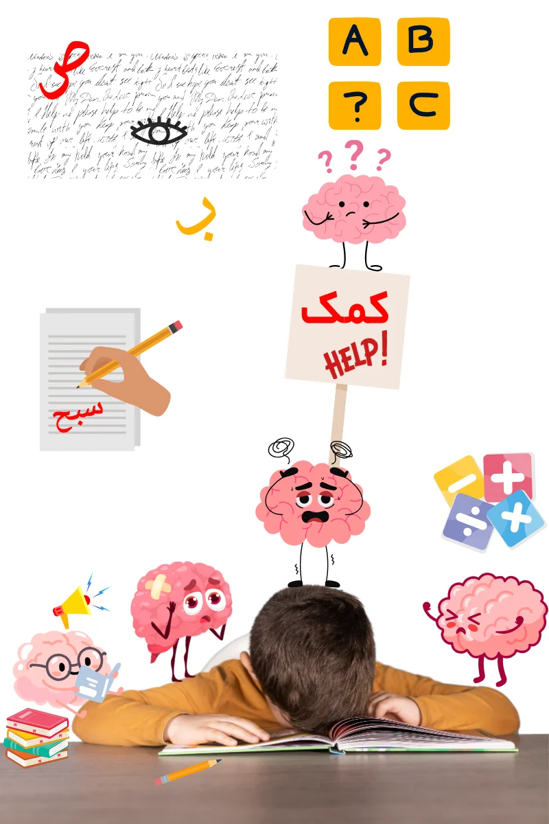 تصویر نمادین از کودک دارای اختلالات یادگیری و مغزهای گیج و خسته کودکی با سر روی کتاب و مغزهای کارتونی که نشانههایی از سردرگمی و نیاز به کمک دارند
