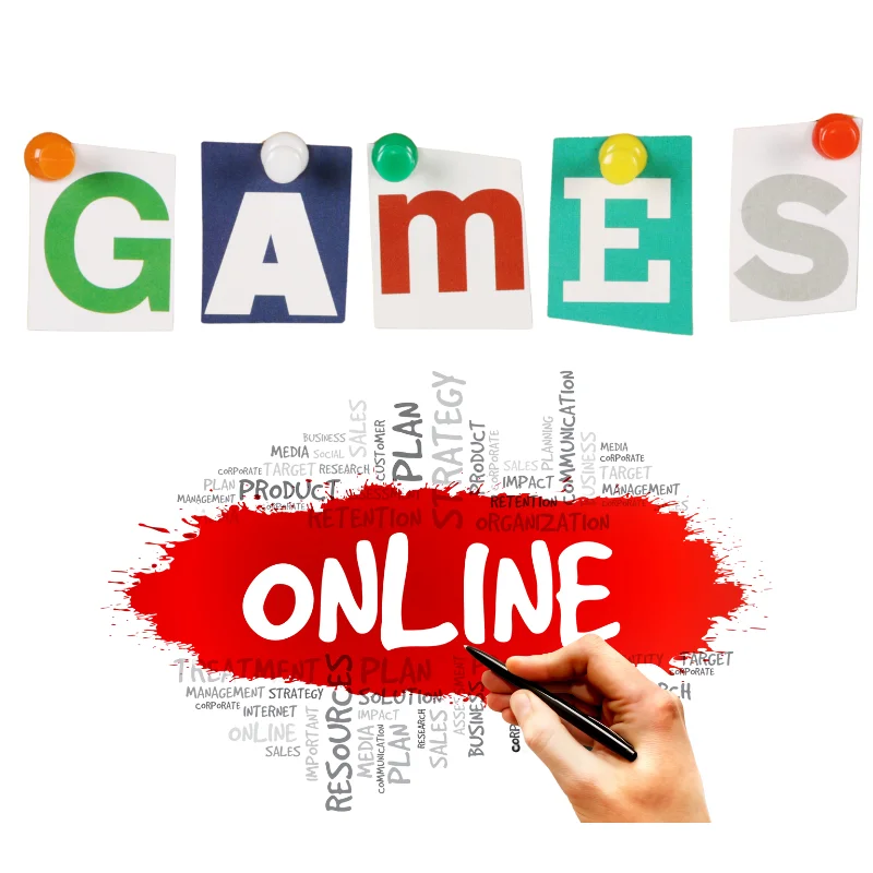 مفهوم بازی آنلاین آموزشی برای کودکان کلمه games پینشده و دستی که در حال نوشتن online است؛ نماد آموزش با بازیهای آنلاین برای کودکان