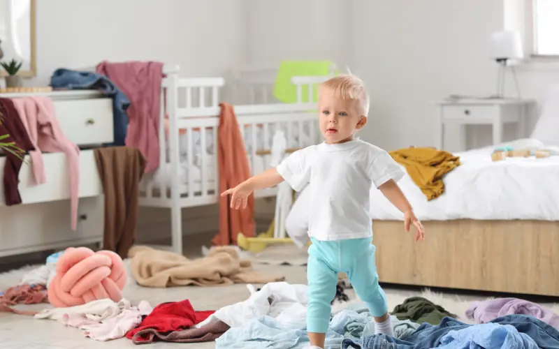 کودکی با علائم بیش‌فعالی وسط اتاقی ایستاده که لباس‌ها و وسایلش را به‌هم ریخته است