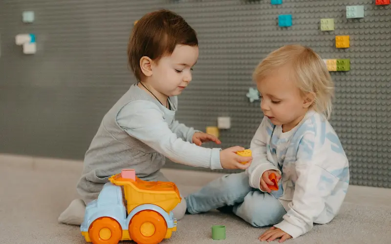 دو کودک با اسباب‌بازی‌ها در حال بازی بده و بگیر، روش SCERTS برای ارتباط و تنظیم عاطفی کودکان اتیسم.