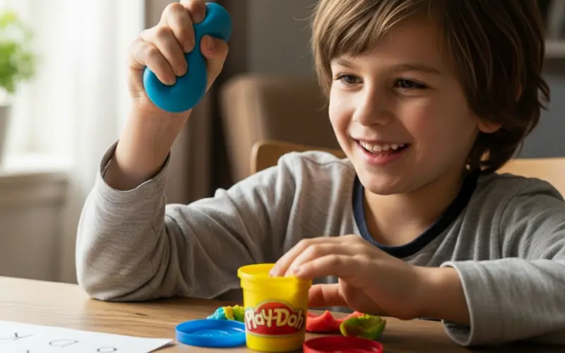 تصویری واقعی از یک کودک شاد و خندان در حال بازی با خمیربازی و توپ فشاری برای تقویت عضلات دست و بهبود هماهنگی. نشان‌دهنده فعالیت‌های سرگرم‌کننده برای رشد مهارت‌های حرکتی ظریف.