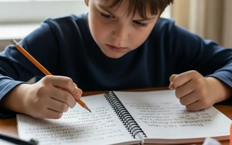 تصویری واقعی از یک کودک فارسی‌زبان در حال نوشتن کلمات فارسی در دفتر با مداد. این تصویر می‌تواند به عنوان نشانه‌ای از چالش‌های نوشتن در کودکان دارای اختلال دیسگرافیا (اختلال نوشتن) استفاده شود.