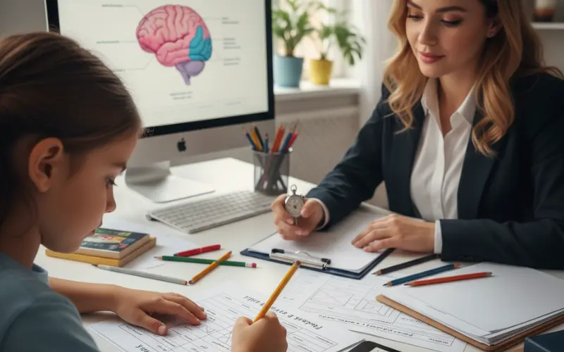 تصویری واقعی از یک روانشناس یا متخصص در حال ارزیابی کودک برای تشخیص اختلال نوشتن. نمایش ابزارهای تشخیصی مانند فرم‌های تست، تبلت با آزمون‌های دیجیتال و مانیتور کامپیوتر با تصویر مغز.