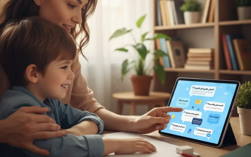 تصویری واقعی از یک مادر و کودک خندان که به تبلت نگاه می‌کنند. تبلت حاوی حباب‌های گفتگو با سؤالات متداول (FAQ) درباره اختلالات نوشتن به زبان فارسی است. مداد و پاک کن روی میز نیز دیده می‌شود.
